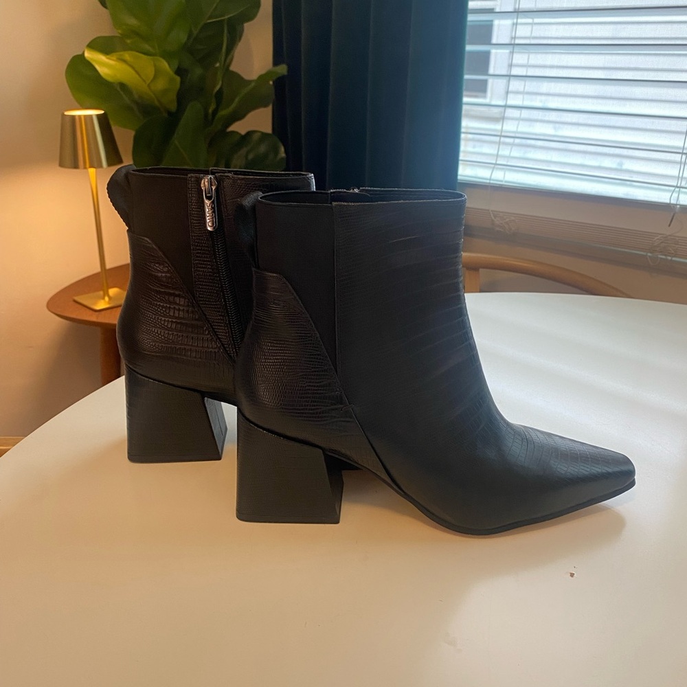 Franco Sarto black tall gator block heel booties